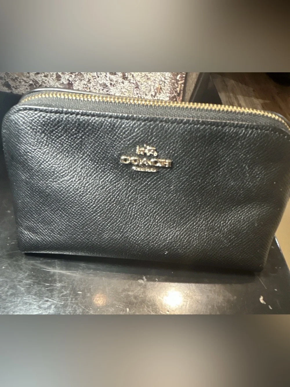 Coach Black Leather Zipper Cosmetic Pouch with Gold Hardware
